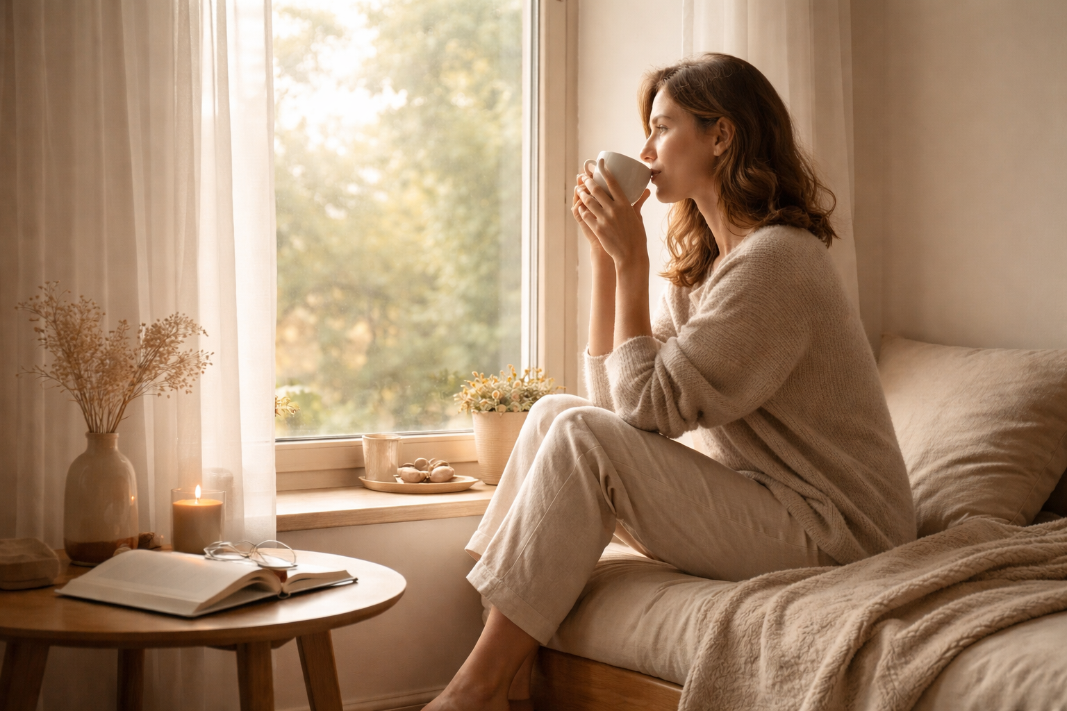 peaceful morning routine with woman sitting by window drinking tea in soft natural light, calm and serene atmosphere, minimalist interior, warm color palette
