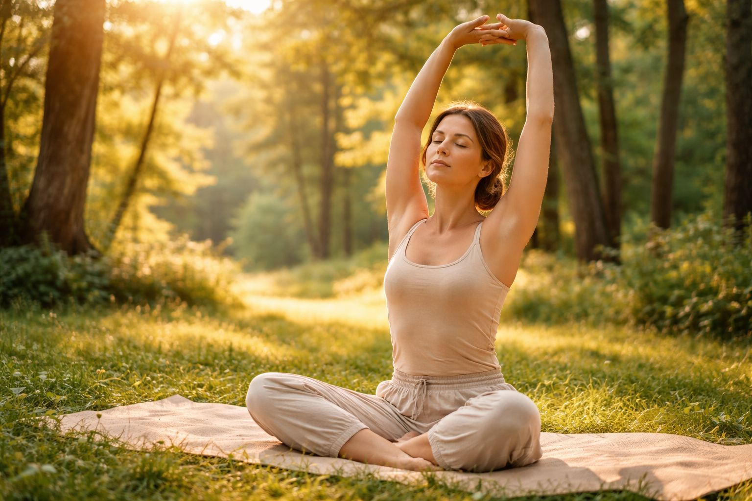 person doing gentle stretching or breathing exercise outdoors in nature, peaceful forest or park setting, soft afternoon light, wellness and mindfulness concept